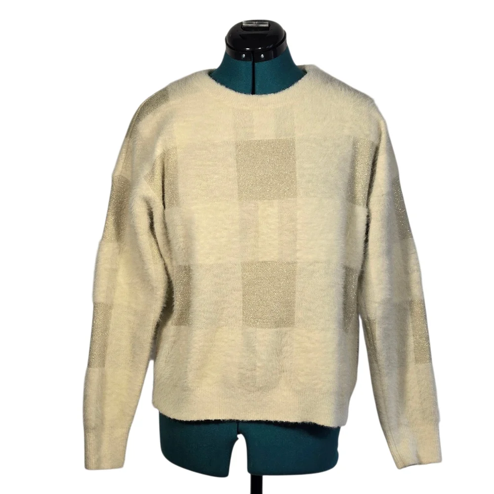 FRNCH Checker Fuzzy Knit Crewneck Sweater Neutral Tan Cream Size Small EUC